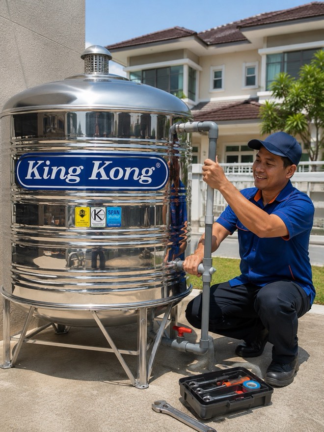 Tukang paip berlesen memasang tangki air King Kong di rumah pelanggan
