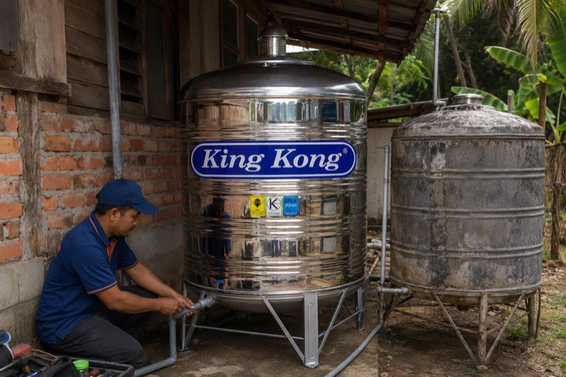 Ganti tangki air lama kepada tangki air King Kong baru di rumah kampung