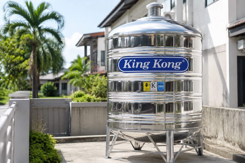 Tangki air King Kong 1000L siap dipasang atas stand di tepi rumah