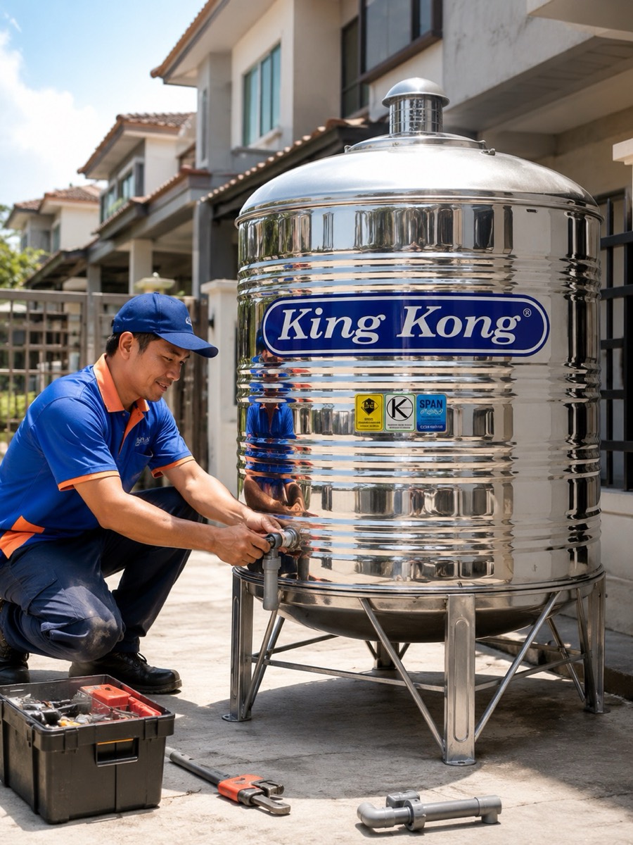 Tukang paip dengan sistem tangki air rumah yang siap dipasang